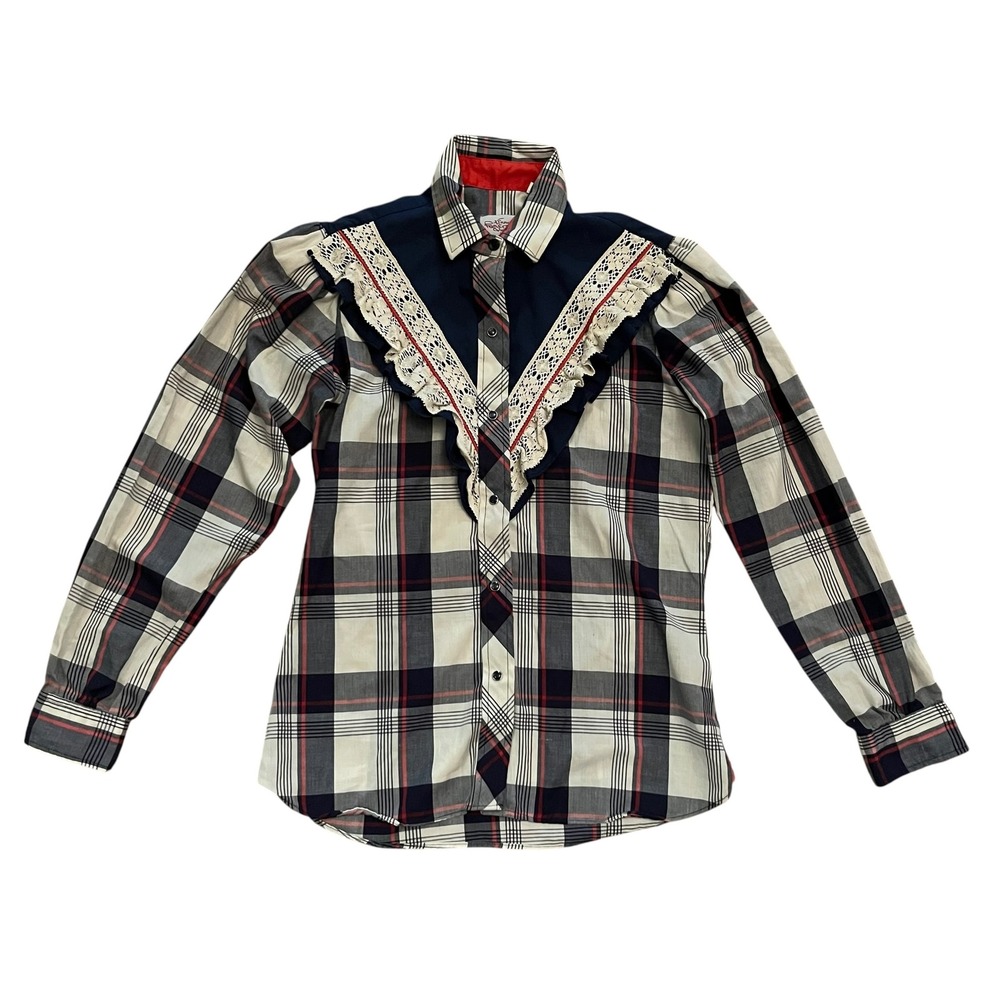 Kenny‎ Rogers Western Collection Karman Plaid Lace Trim Pearl Snap Shirt Vintage
